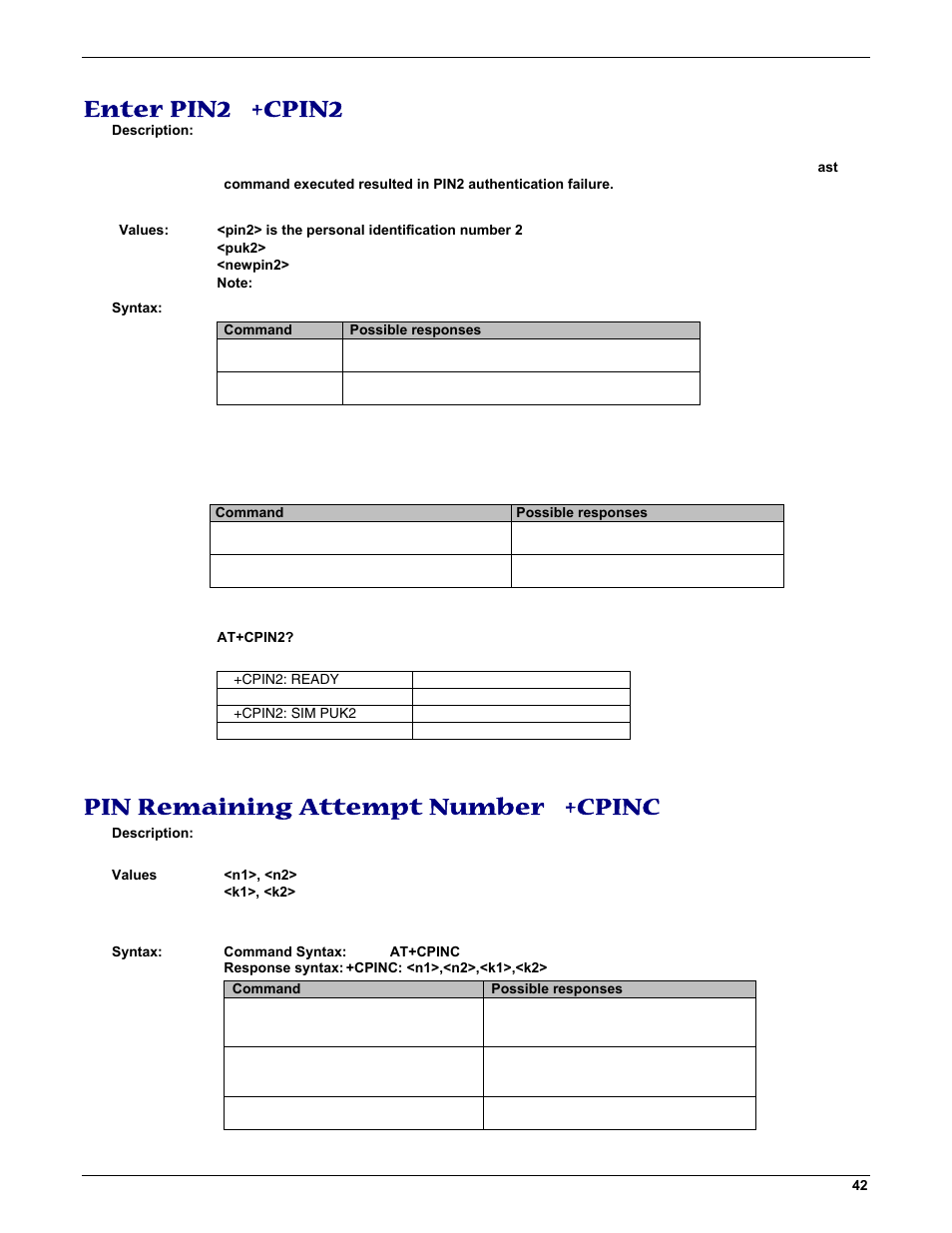 Enter pin2 +cpin2, Pin remaining attempt number +cpinc | Multi-Tech Systems MMCModem GPRS (MTMMC-G) User Manual | Page 42 / 203