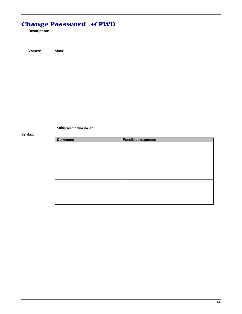 Change password +cpwd | Multi-Tech Systems MMCModem GPRS (MTMMC-G) User Manual | Page 44 / 203