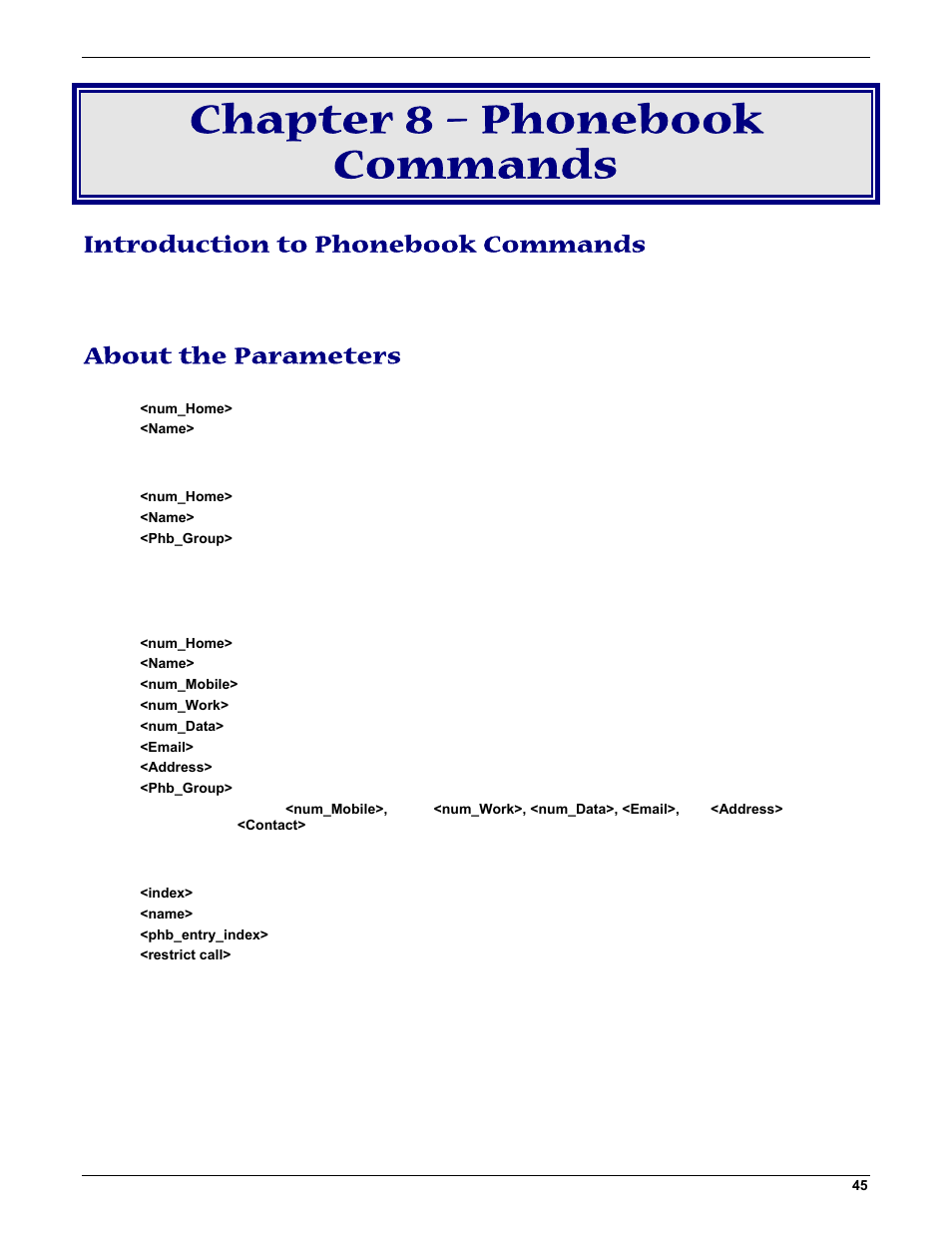Chapter 8 – phonebook commands, Introduction to phonebook commands, About the parameters | Multi-Tech Systems MMCModem GPRS (MTMMC-G) User Manual | Page 45 / 203