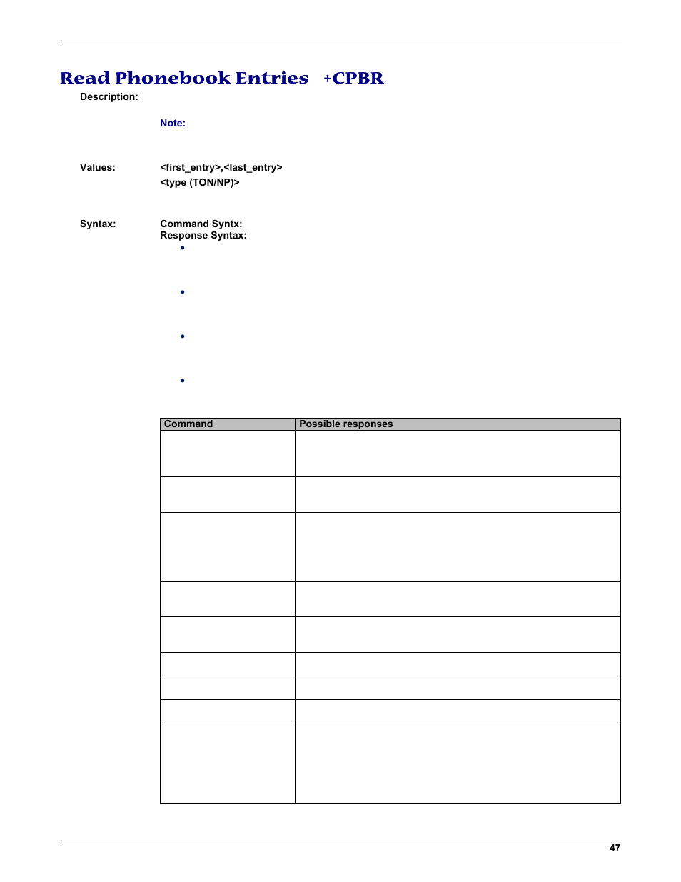Read phonebook entries +cpbr | Multi-Tech Systems MMCModem GPRS (MTMMC-G) User Manual | Page 47 / 203