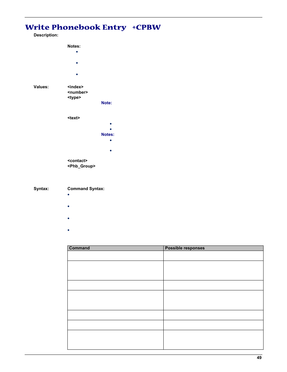 Write phonebook entry +cpbw | Multi-Tech Systems MMCModem GPRS (MTMMC-G) User Manual | Page 49 / 203