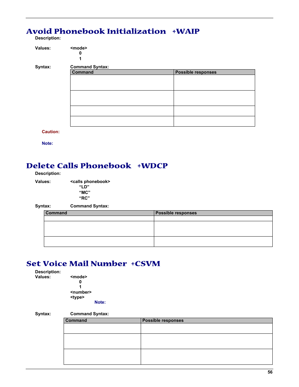 Avoid phonebook initialization +waip, Delete calls phonebook +wdcp, Set voice mail number +csvm | Multi-Tech Systems MMCModem GPRS (MTMMC-G) User Manual | Page 56 / 203