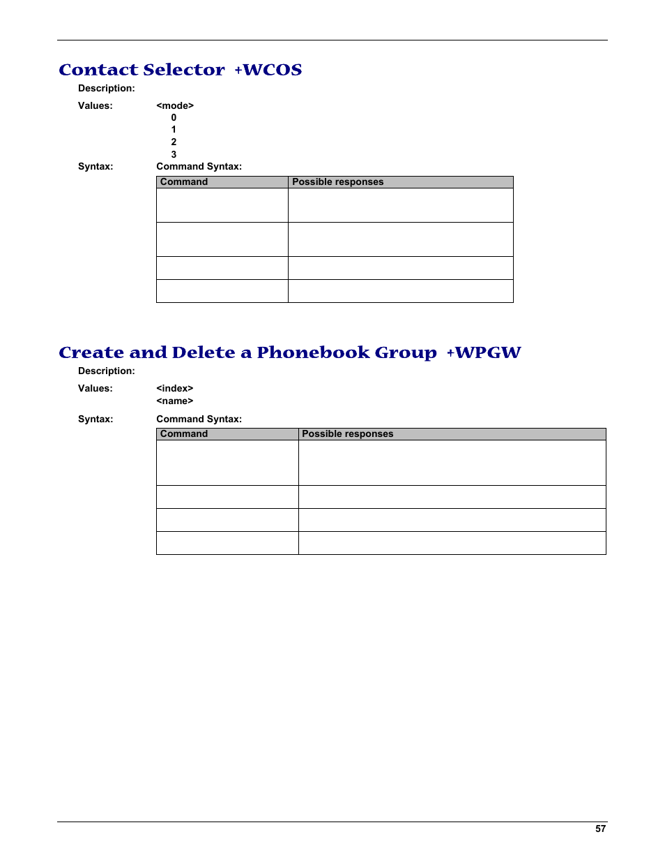 Contact selector +wcos, Create and delete a phonebook group +wpgw | Multi-Tech Systems MMCModem GPRS (MTMMC-G) User Manual | Page 57 / 203