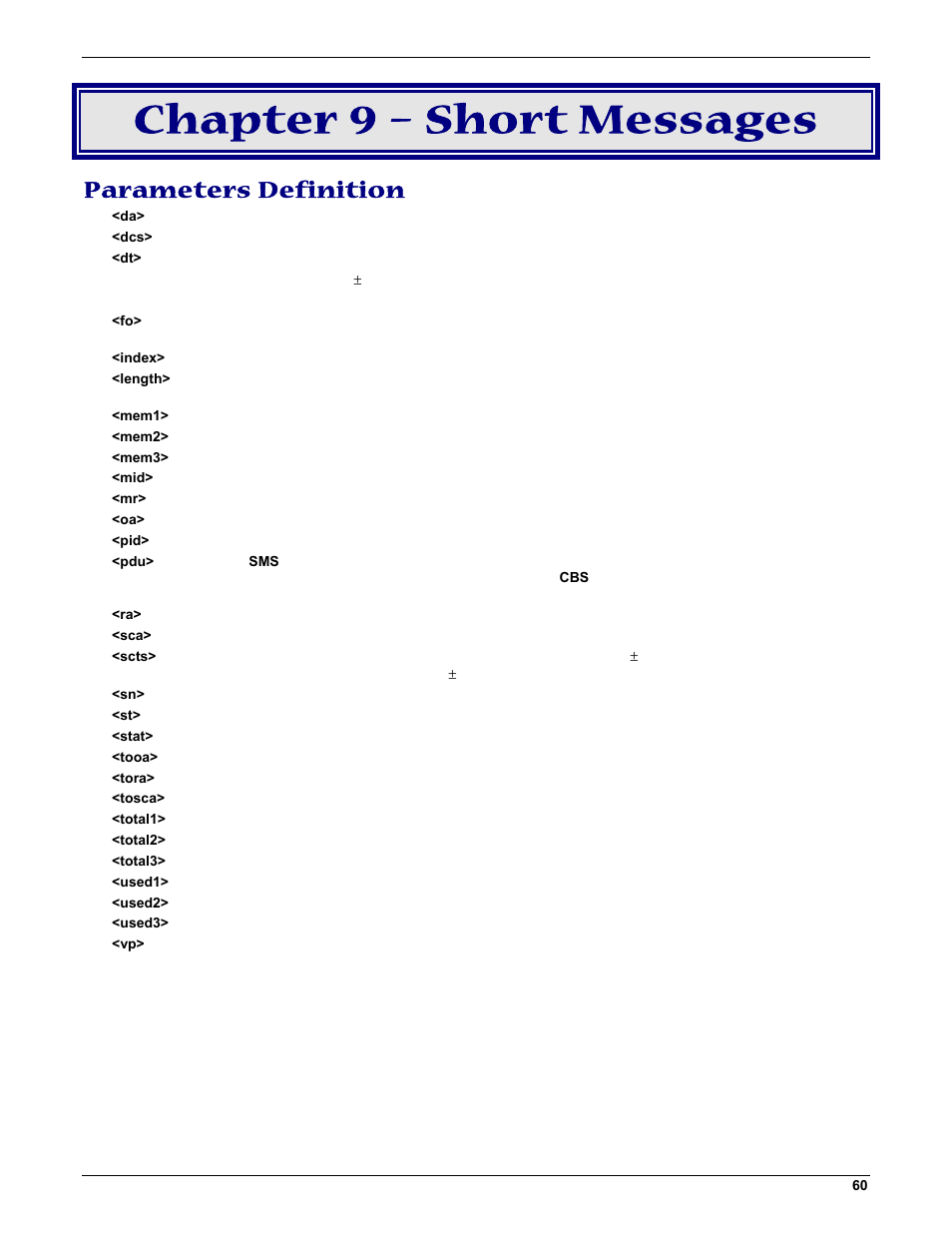 Chapter 9 – short messages, Parameters definition | Multi-Tech Systems MMCModem GPRS (MTMMC-G) User Manual | Page 60 / 203