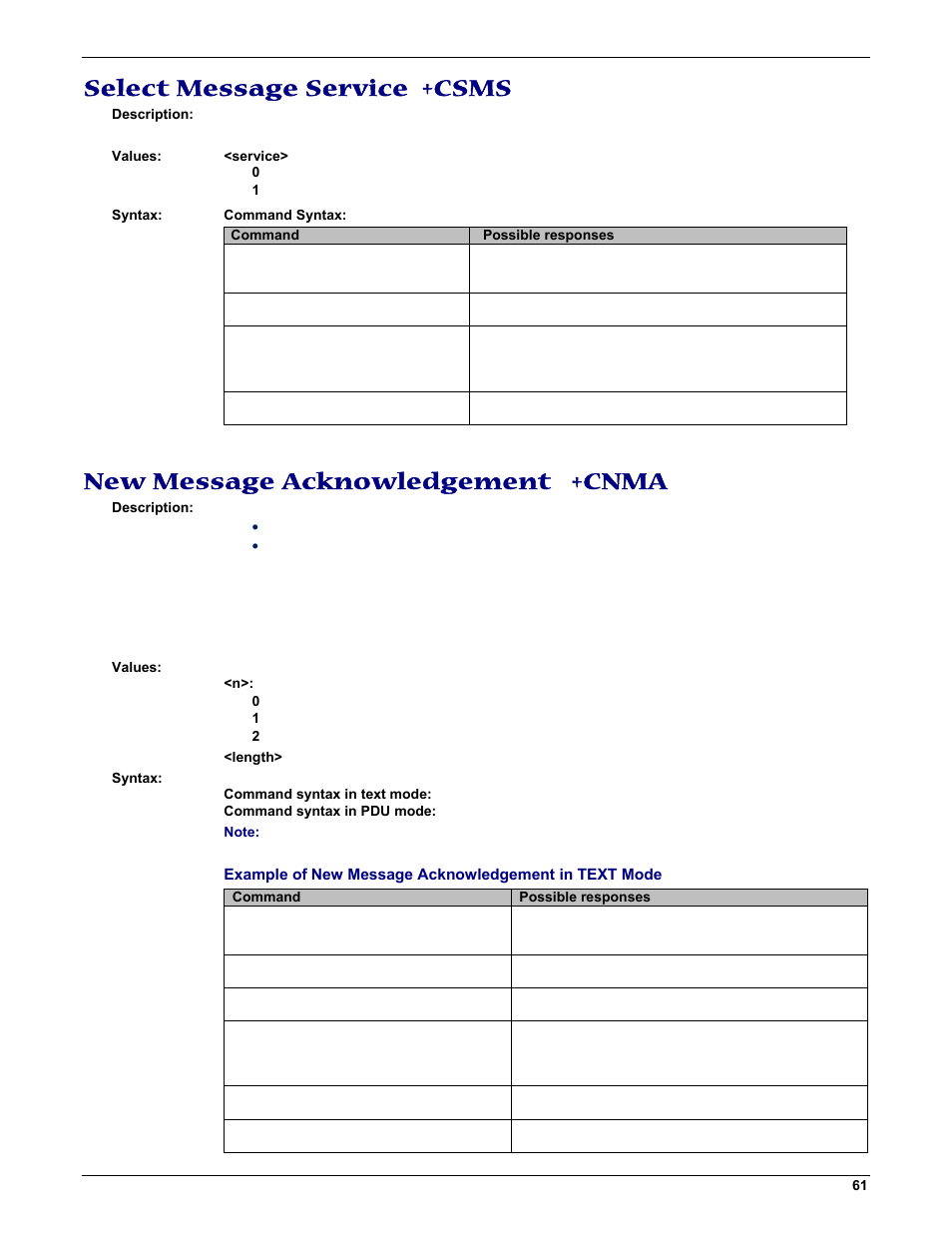 Select message service +csms, New message acknowledgement +cnma | Multi-Tech Systems MMCModem GPRS (MTMMC-G) User Manual | Page 61 / 203