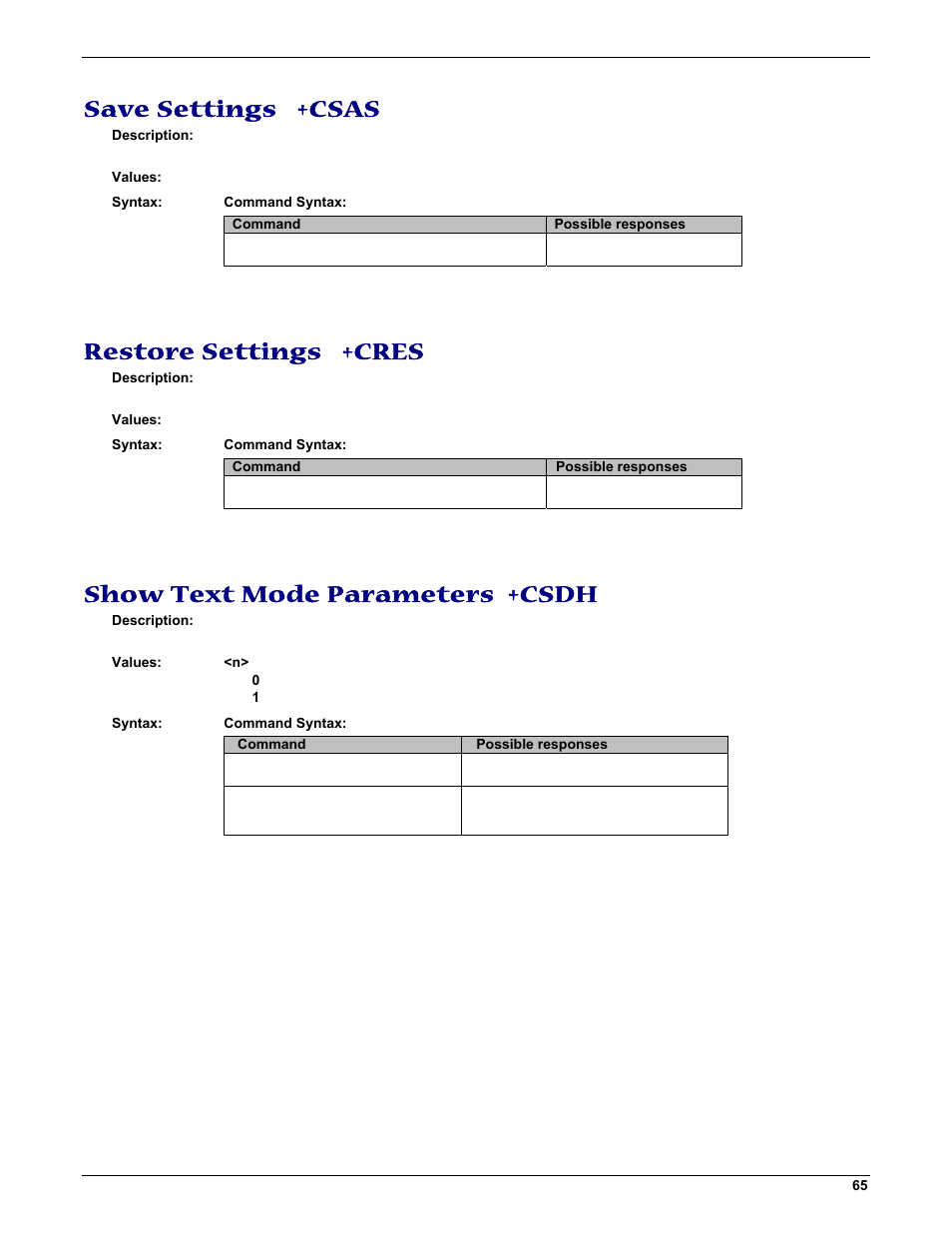 Save settings +csas, Restore settings +cres, Show text mode parameters +csdh | Multi-Tech Systems MMCModem GPRS (MTMMC-G) User Manual | Page 65 / 203