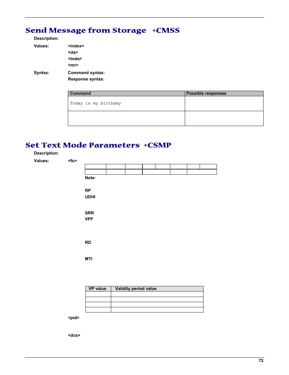 Send message from storage +cmss, Set text mode parameters +csmp | Multi-Tech Systems MMCModem GPRS (MTMMC-G) User Manual | Page 72 / 203