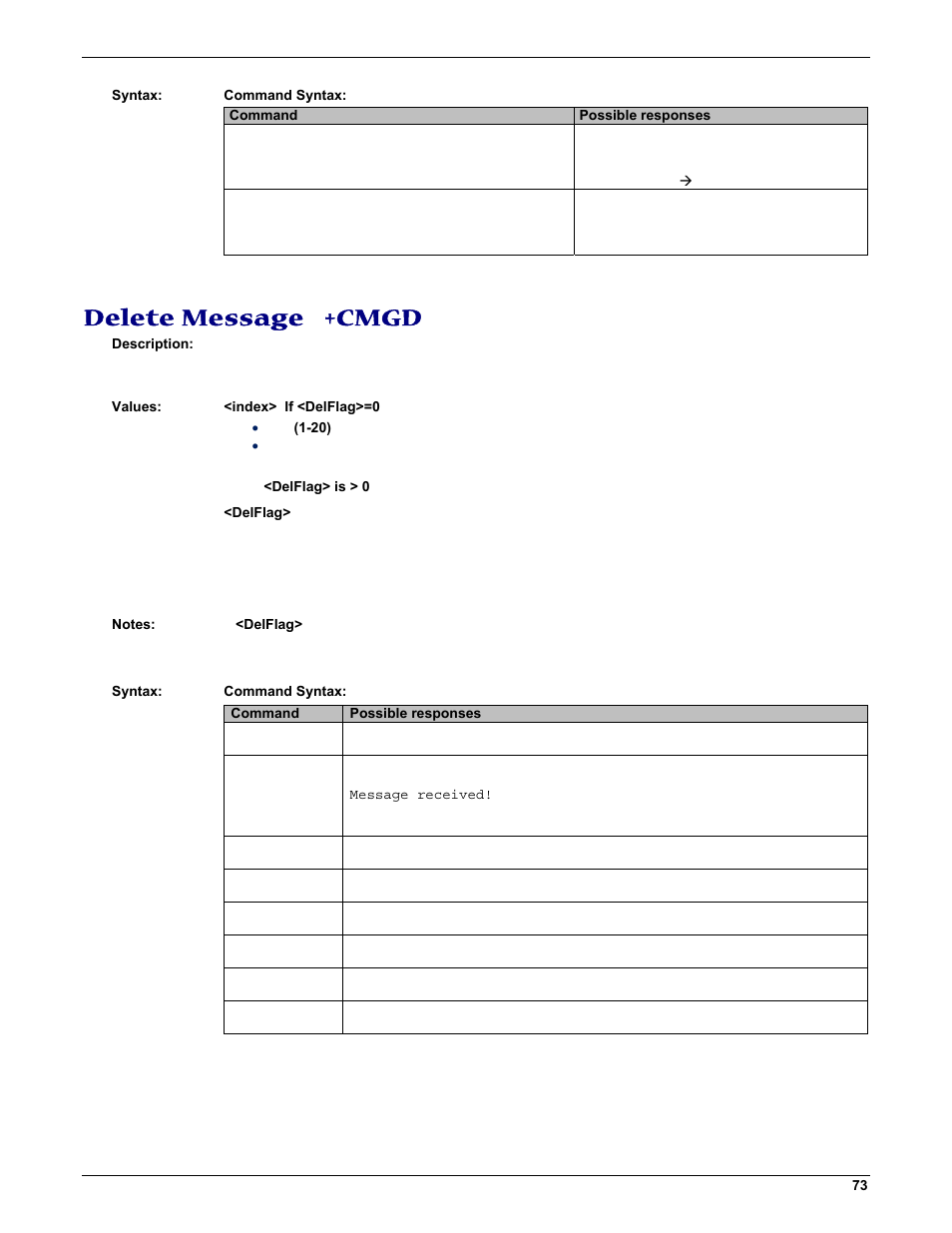 Delete message +cmgd | Multi-Tech Systems MMCModem GPRS (MTMMC-G) User Manual | Page 73 / 203