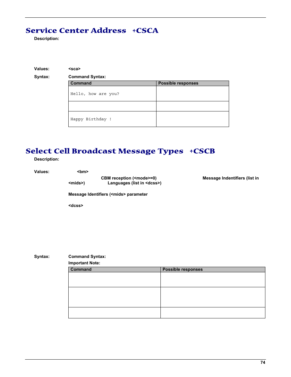 Service center address +csca, Select cell broadcast message types +cscb | Multi-Tech Systems MMCModem GPRS (MTMMC-G) User Manual | Page 74 / 203