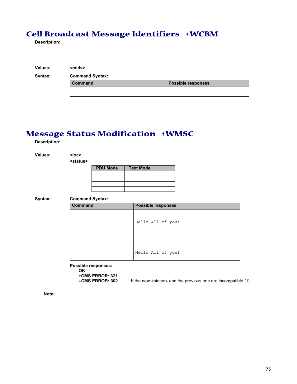 Cell broadcast message identifiers +wcbm, Message status modification +wmsc | Multi-Tech Systems MMCModem GPRS (MTMMC-G) User Manual | Page 75 / 203