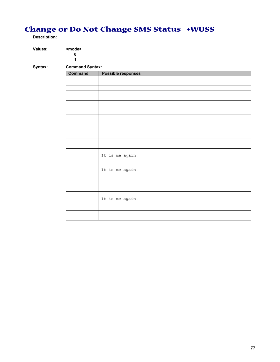 Change or do not change sms status +wuss | Multi-Tech Systems MMCModem GPRS (MTMMC-G) User Manual | Page 77 / 203