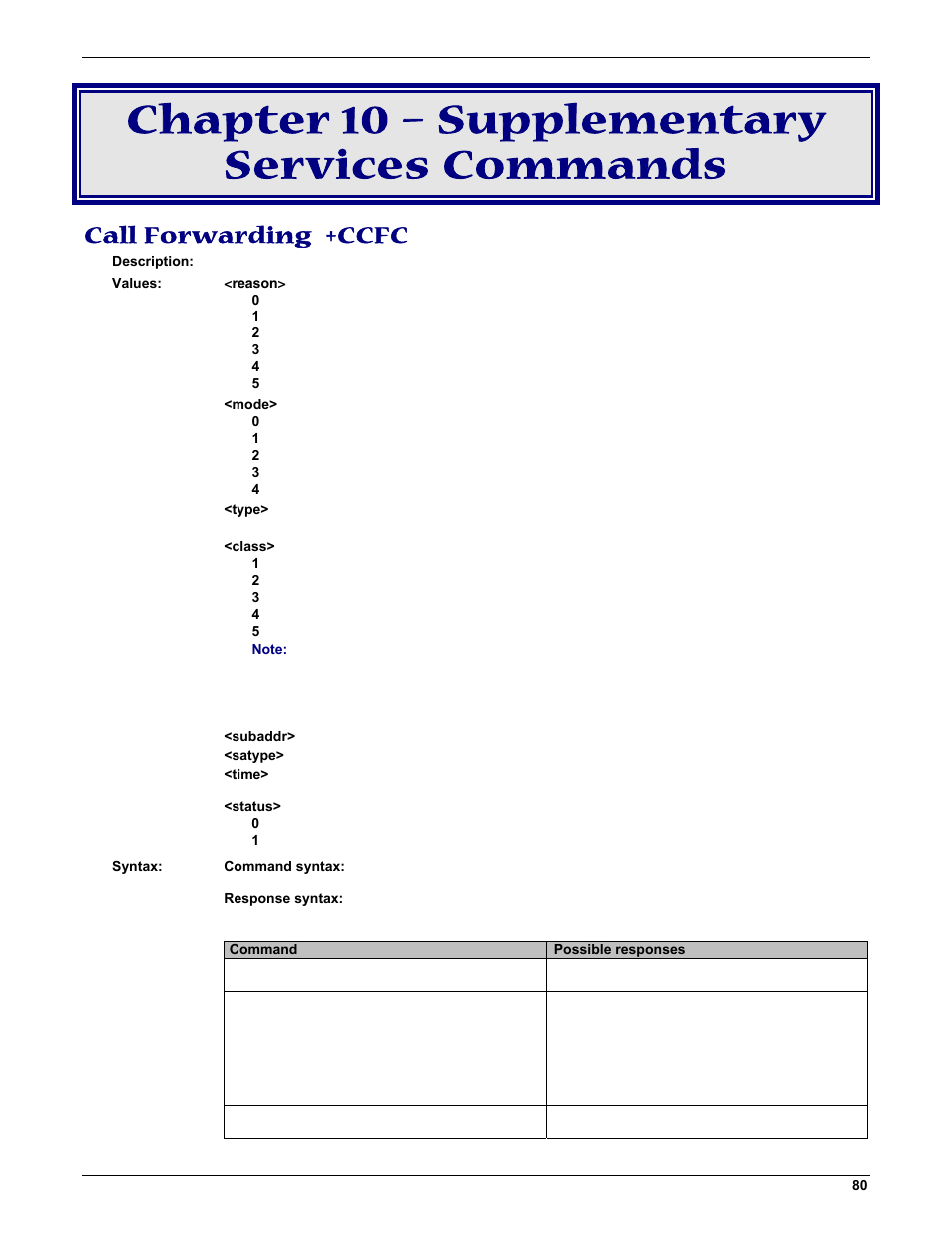 Chapter 10 – supplementary services commands, Call forwarding +ccfc | Multi-Tech Systems MMCModem GPRS (MTMMC-G) User Manual | Page 80 / 203