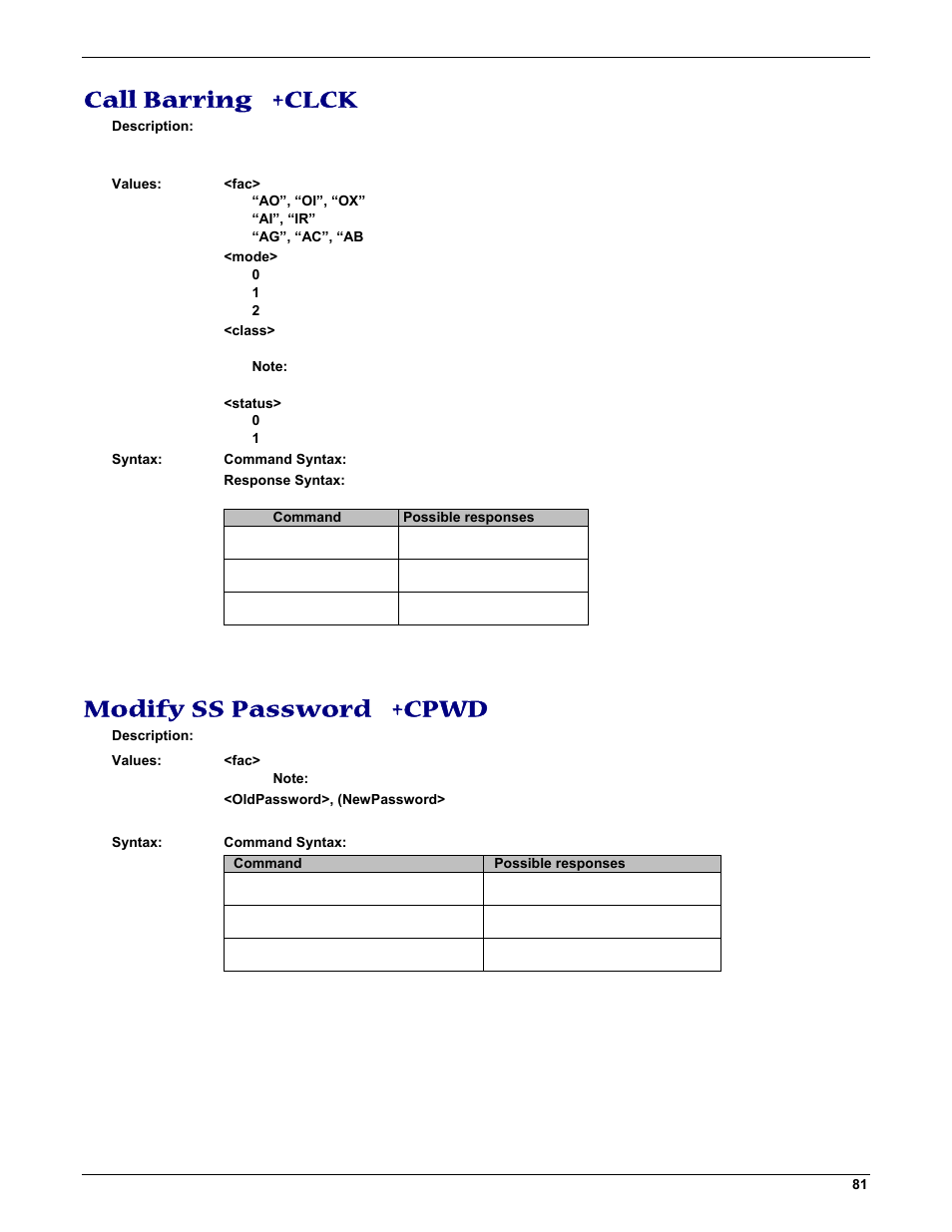 Call barring +clck, Modify ss password +cpwd | Multi-Tech Systems MMCModem GPRS (MTMMC-G) User Manual | Page 81 / 203