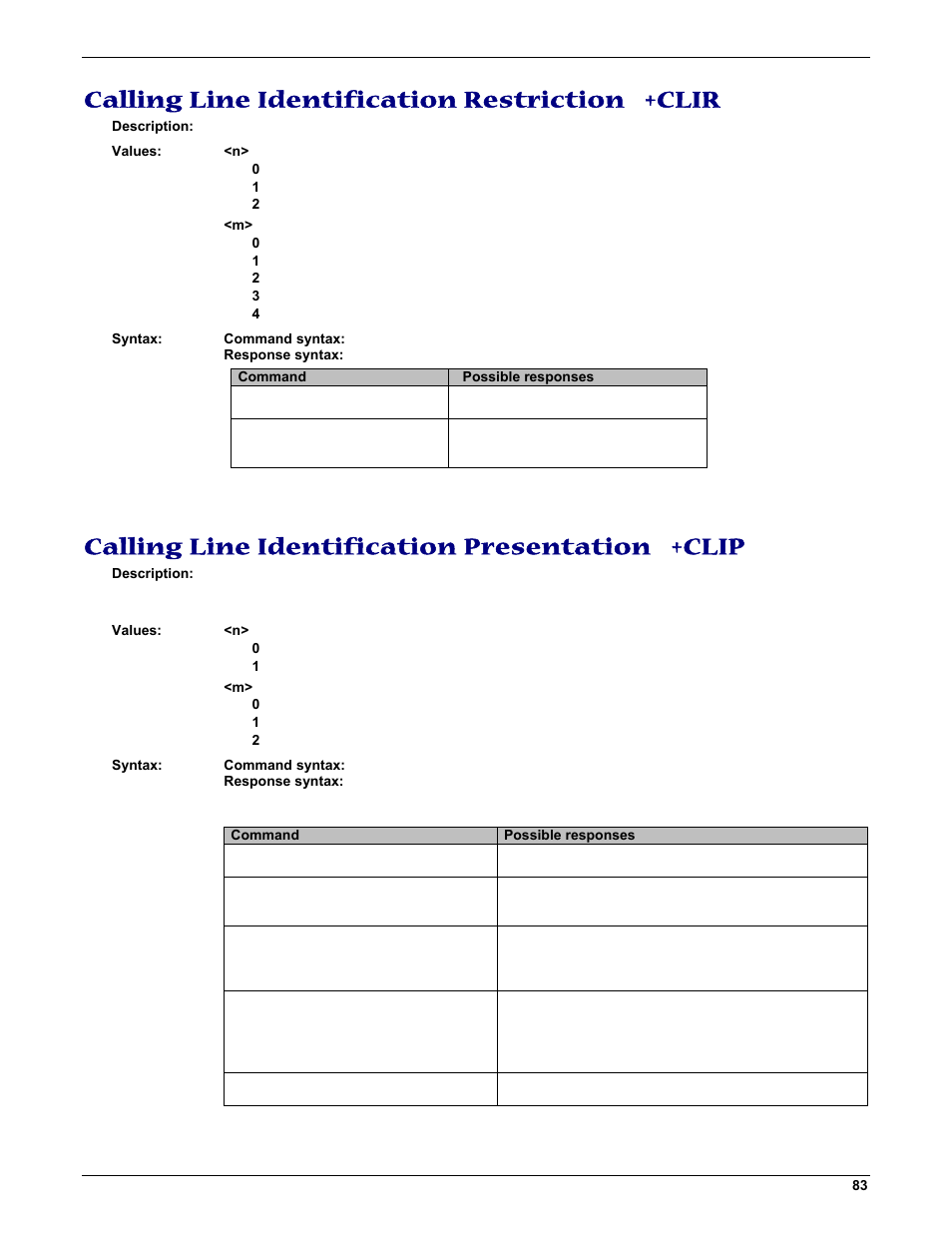 Calling line identification restriction +clir, Calling line identification presentation +clip | Multi-Tech Systems MMCModem GPRS (MTMMC-G) User Manual | Page 83 / 203