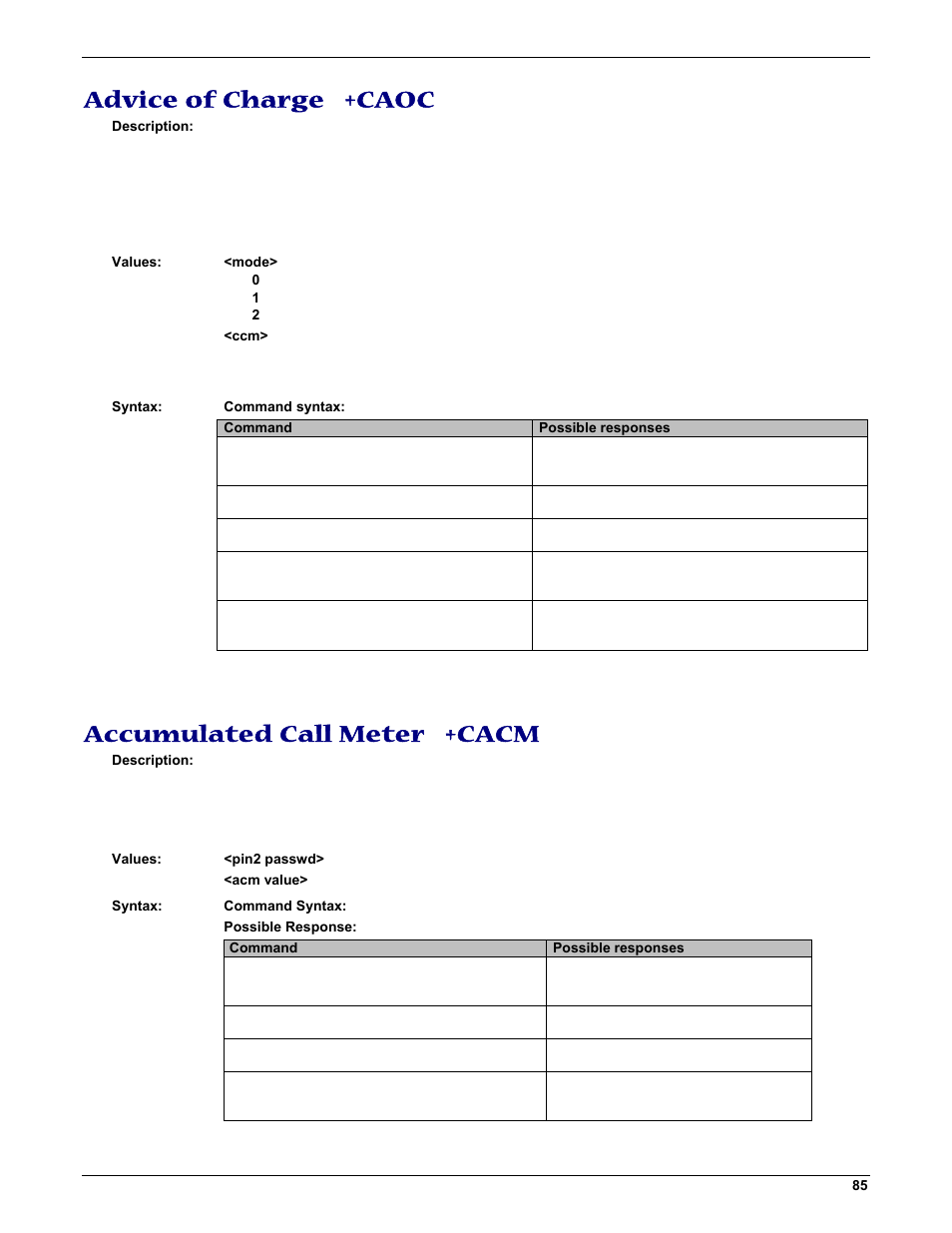 Advice of charge +caoc, Accumulated call meter +cacm | Multi-Tech Systems MMCModem GPRS (MTMMC-G) User Manual | Page 85 / 203