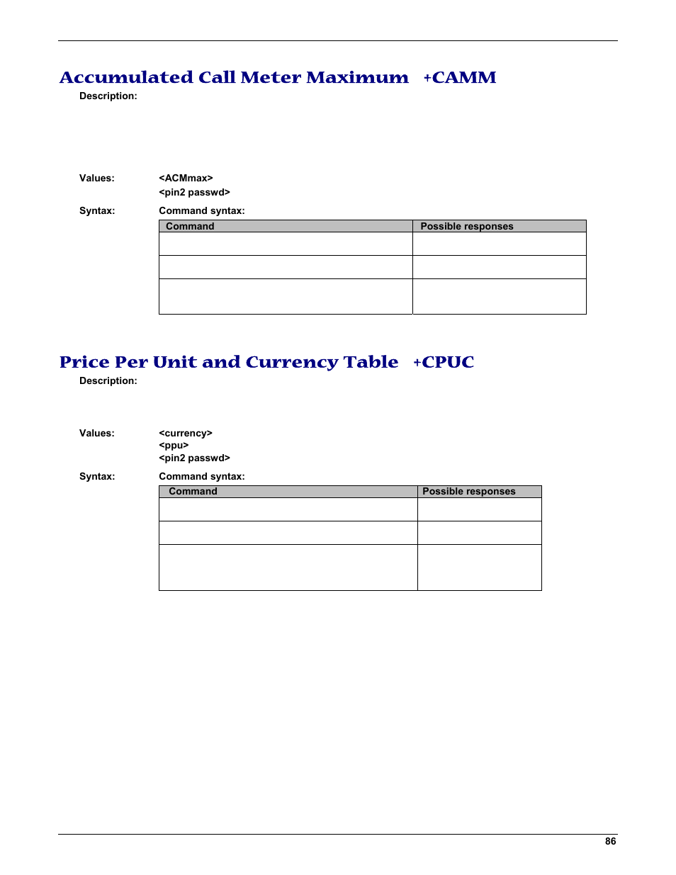 Accumulated call meter maximum +camm, Price per unit and currency table +cpuc | Multi-Tech Systems MMCModem GPRS (MTMMC-G) User Manual | Page 86 / 203