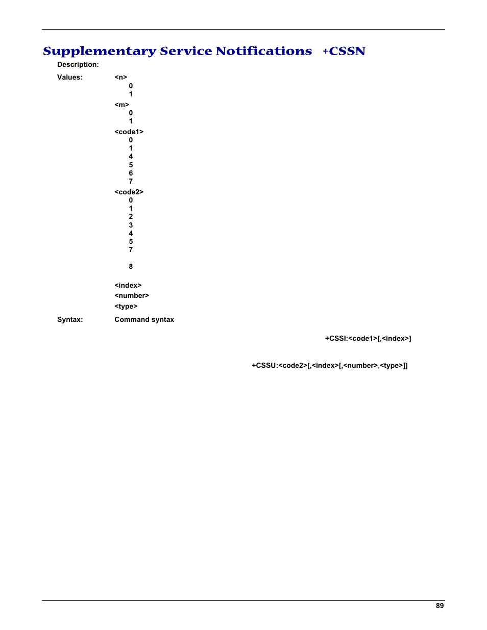 Supplementary service notifications +cssn | Multi-Tech Systems MMCModem GPRS (MTMMC-G) User Manual | Page 89 / 203