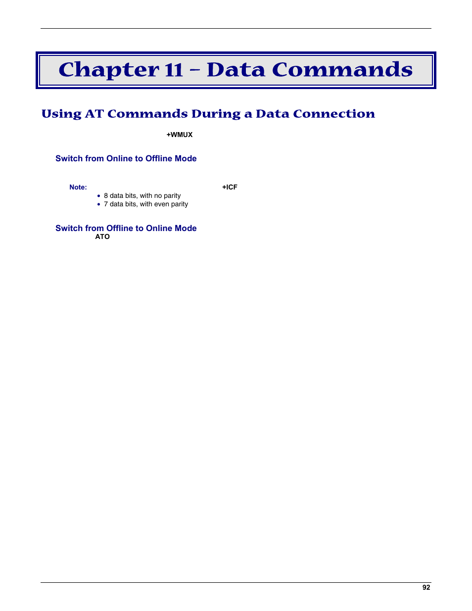 Chapter 11 – data commands, Using at commands during a data connection | Multi-Tech Systems MMCModem GPRS (MTMMC-G) User Manual | Page 92 / 203