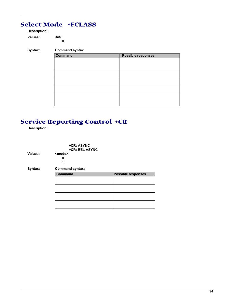 Select mode +fclass, Service reporting control +cr | Multi-Tech Systems MMCModem GPRS (MTMMC-G) User Manual | Page 94 / 203