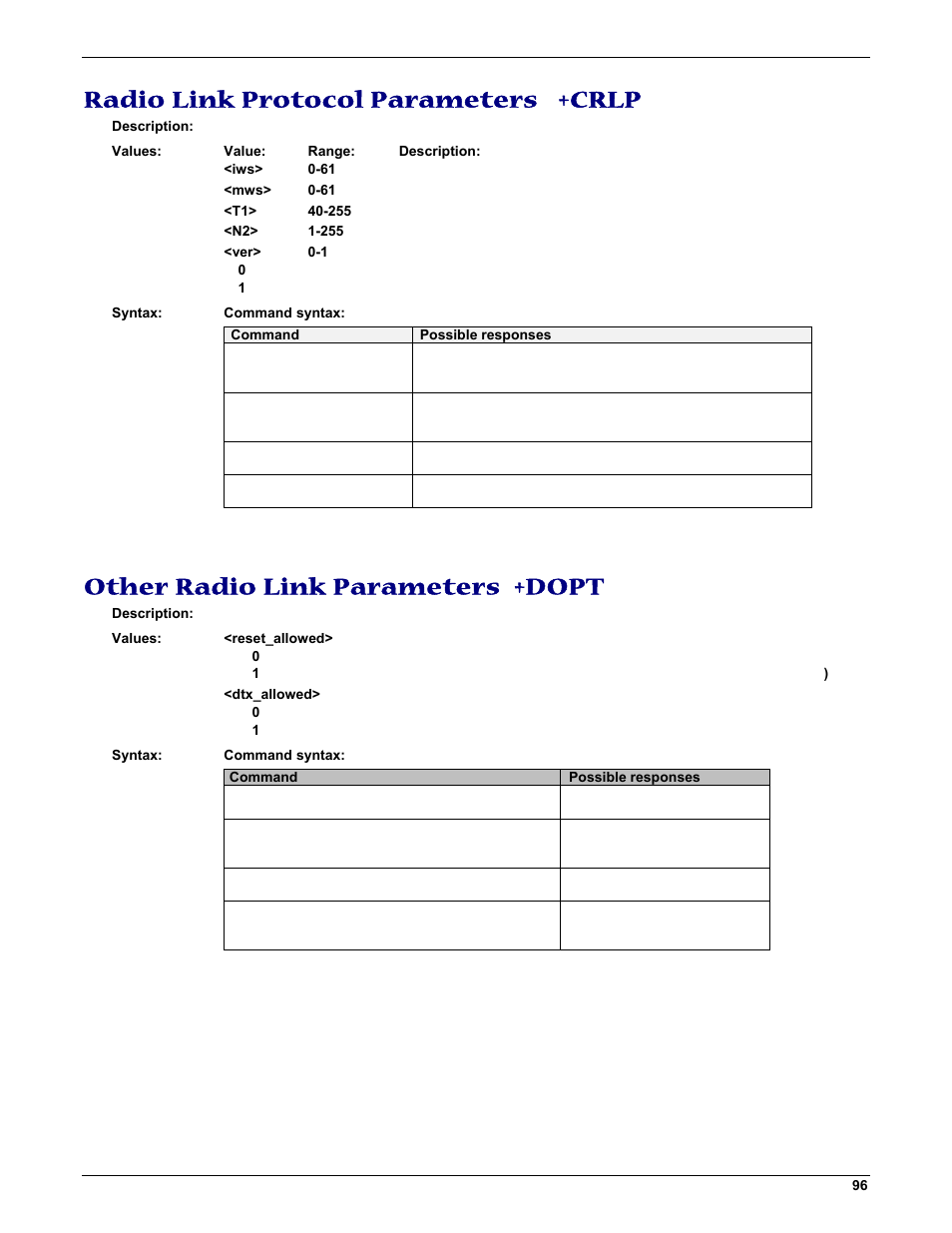 Radio link protocol parameters +crlp, Other radio link parameters +dopt | Multi-Tech Systems MMCModem GPRS (MTMMC-G) User Manual | Page 96 / 203
