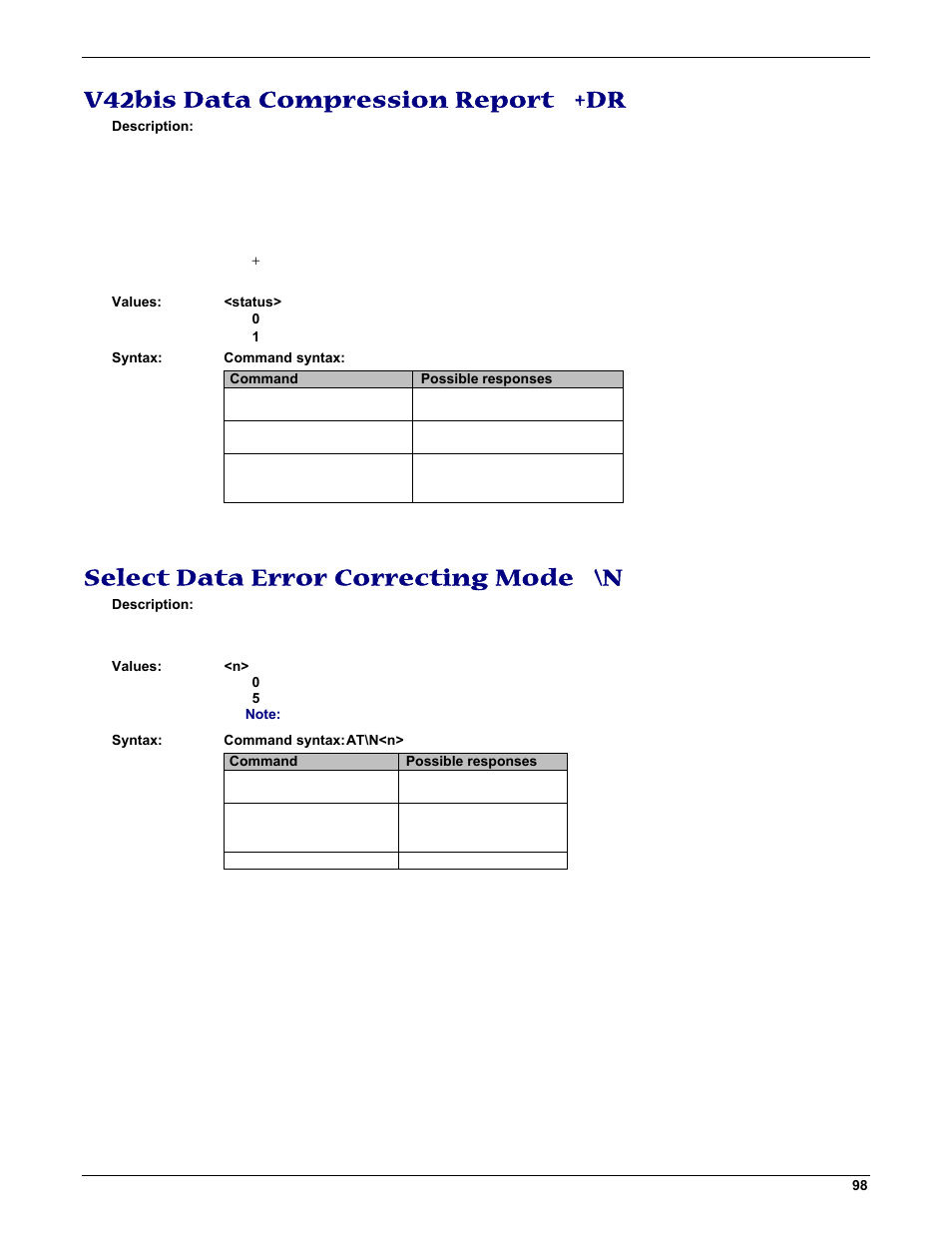 V42bis data compression report +dr, Select data error correcting mode \n | Multi-Tech Systems MMCModem GPRS (MTMMC-G) User Manual | Page 98 / 203