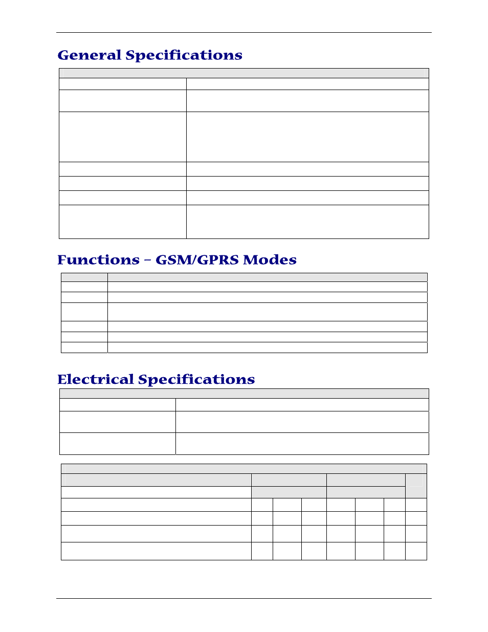 General specifications, Functions – gsm/gprs modes, Electrical specifications | Multi-Tech Systems MTCBA-G-F4 User Manual | Page 7 / 30