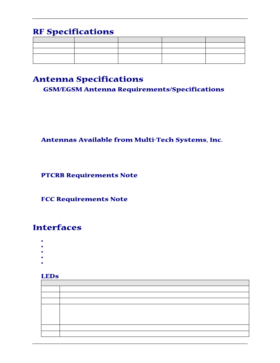 Rf specifications, Antenna specifications, Interfaces | Gsm/egsm antenna requirements/specifications, Antennas available from multi-tech systems, inc, Leds | Multi-Tech Systems MTCBA-G-F4 User Manual | Page 8 / 30