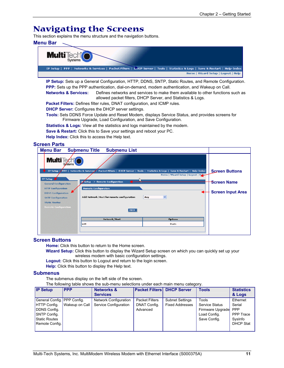 Navigating the screens | Multi-Tech Systems MultiModem User Manual | Page 11 / 42