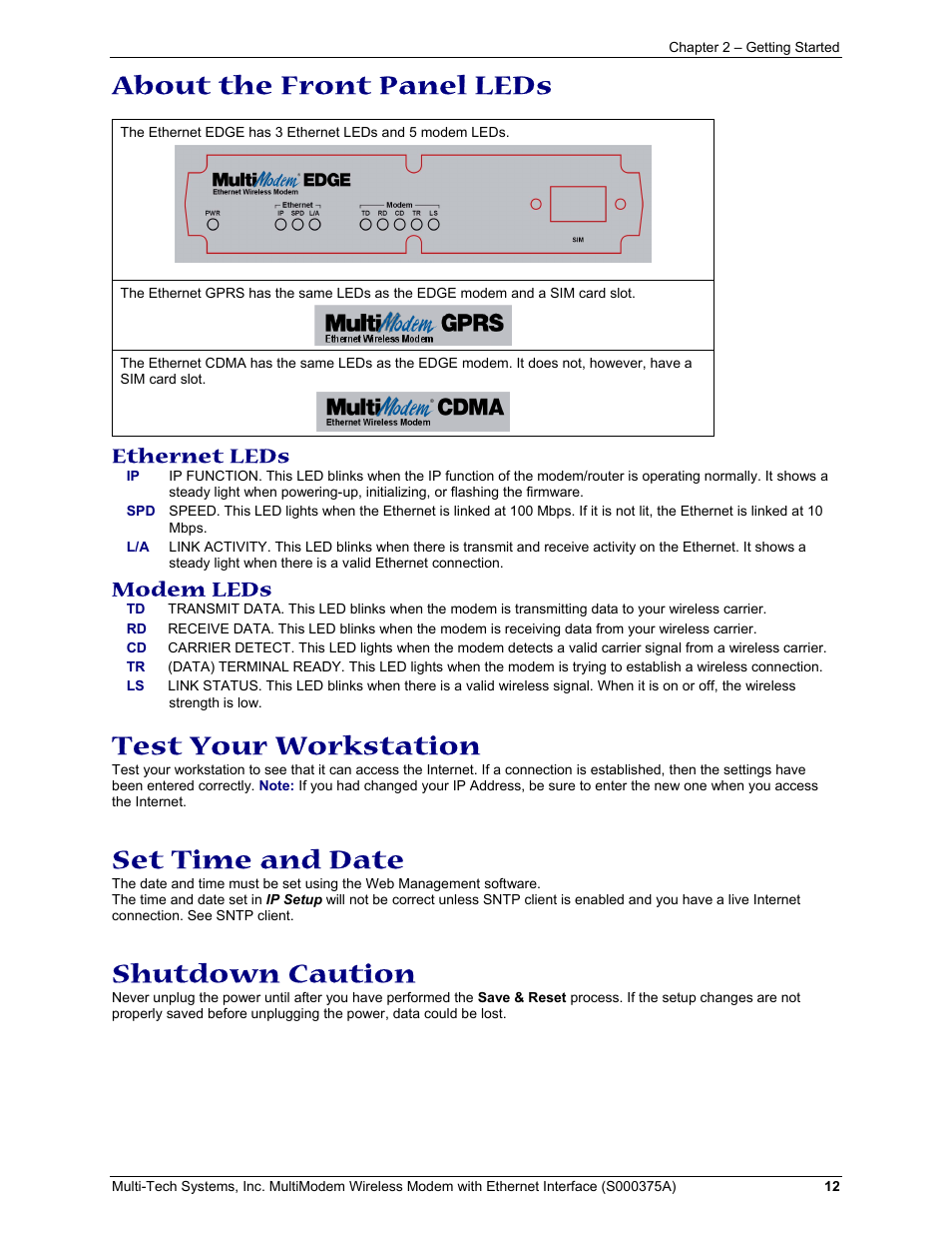 About the front panel leds, Test your workstation, Set time and date | Shutdown caution, Ethernet leds, Modem leds | Multi-Tech Systems MultiModem User Manual | Page 12 / 42