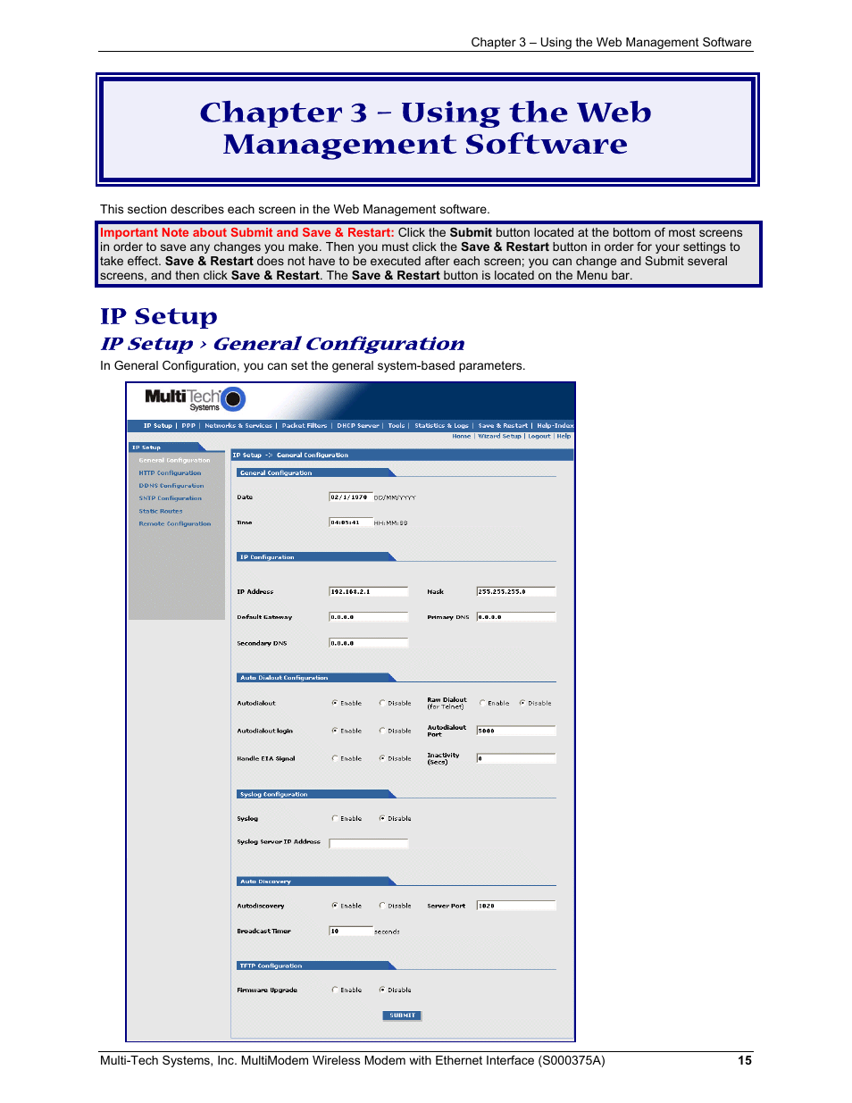 Chapter 3 – using the web management software, Ip setup, Ip setup > general configuration | Multi-Tech Systems MultiModem User Manual | Page 15 / 42