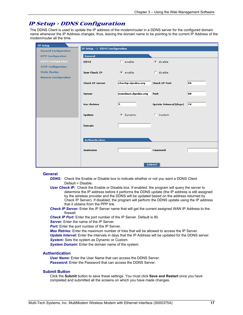 Ip setup > ddns configuration | Multi-Tech Systems MultiModem User Manual | Page 17 / 42