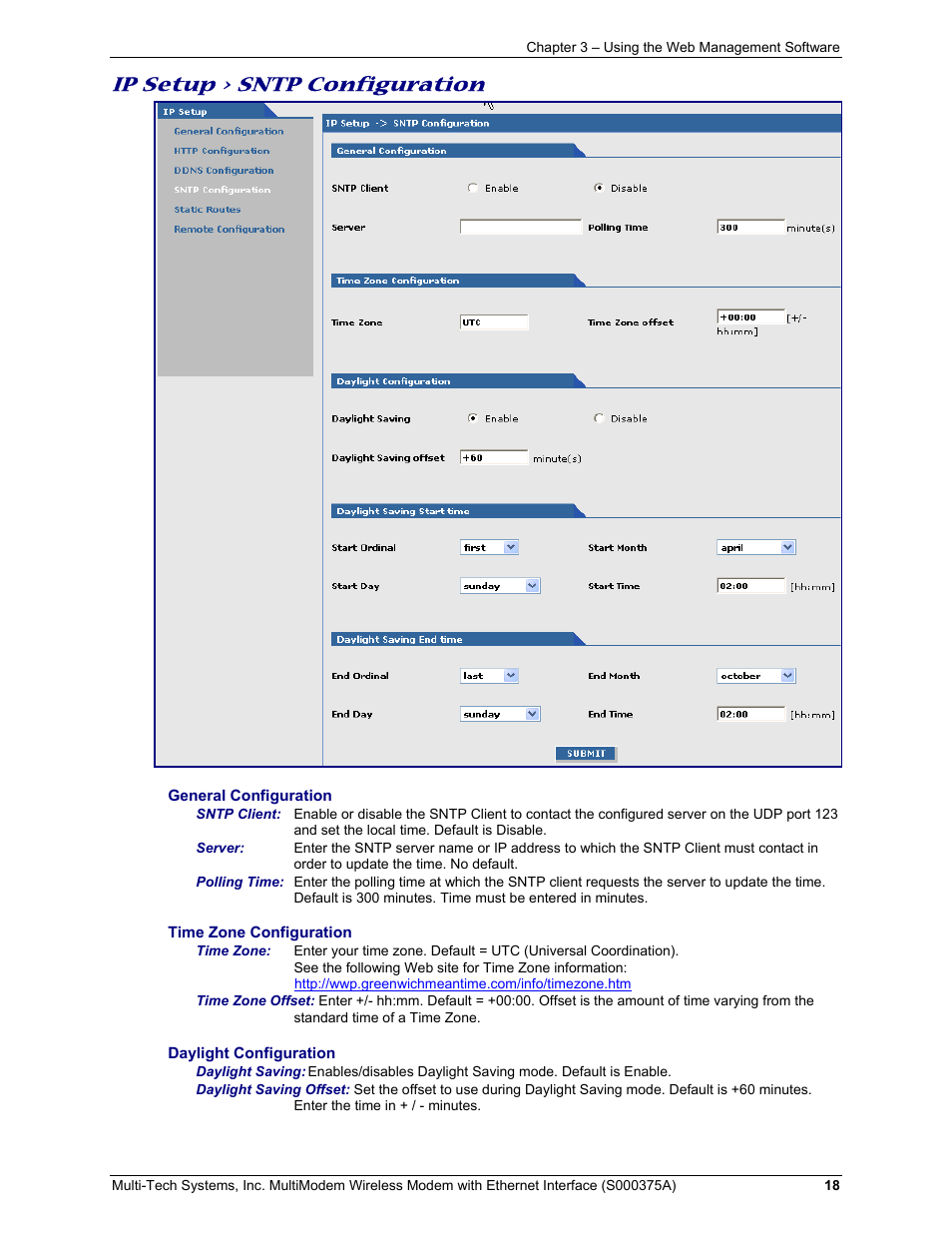 Ip setup > sntp configuration | Multi-Tech Systems MultiModem User Manual | Page 18 / 42