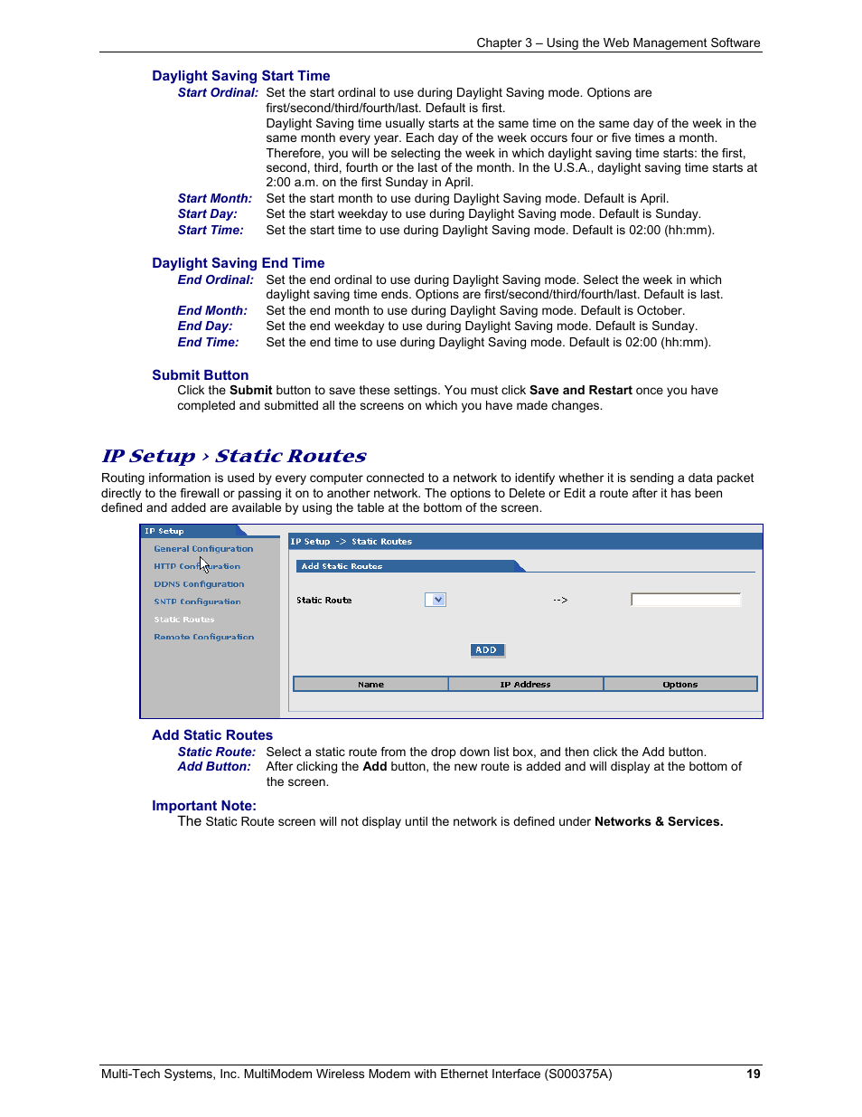 Ip setup > static routes | Multi-Tech Systems MultiModem User Manual | Page 19 / 42