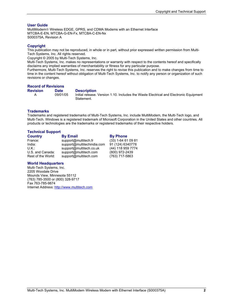 Multi-Tech Systems MultiModem User Manual | Page 2 / 42
