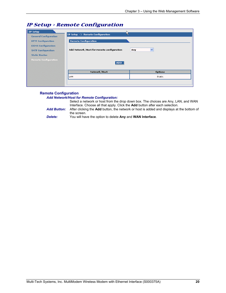 Ip setup > remote configuration | Multi-Tech Systems MultiModem User Manual | Page 20 / 42