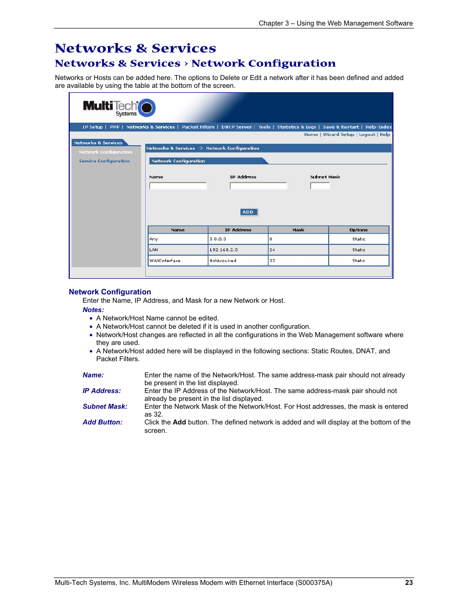 Networks & services, Networks & services > network configuration | Multi-Tech Systems MultiModem User Manual | Page 23 / 42