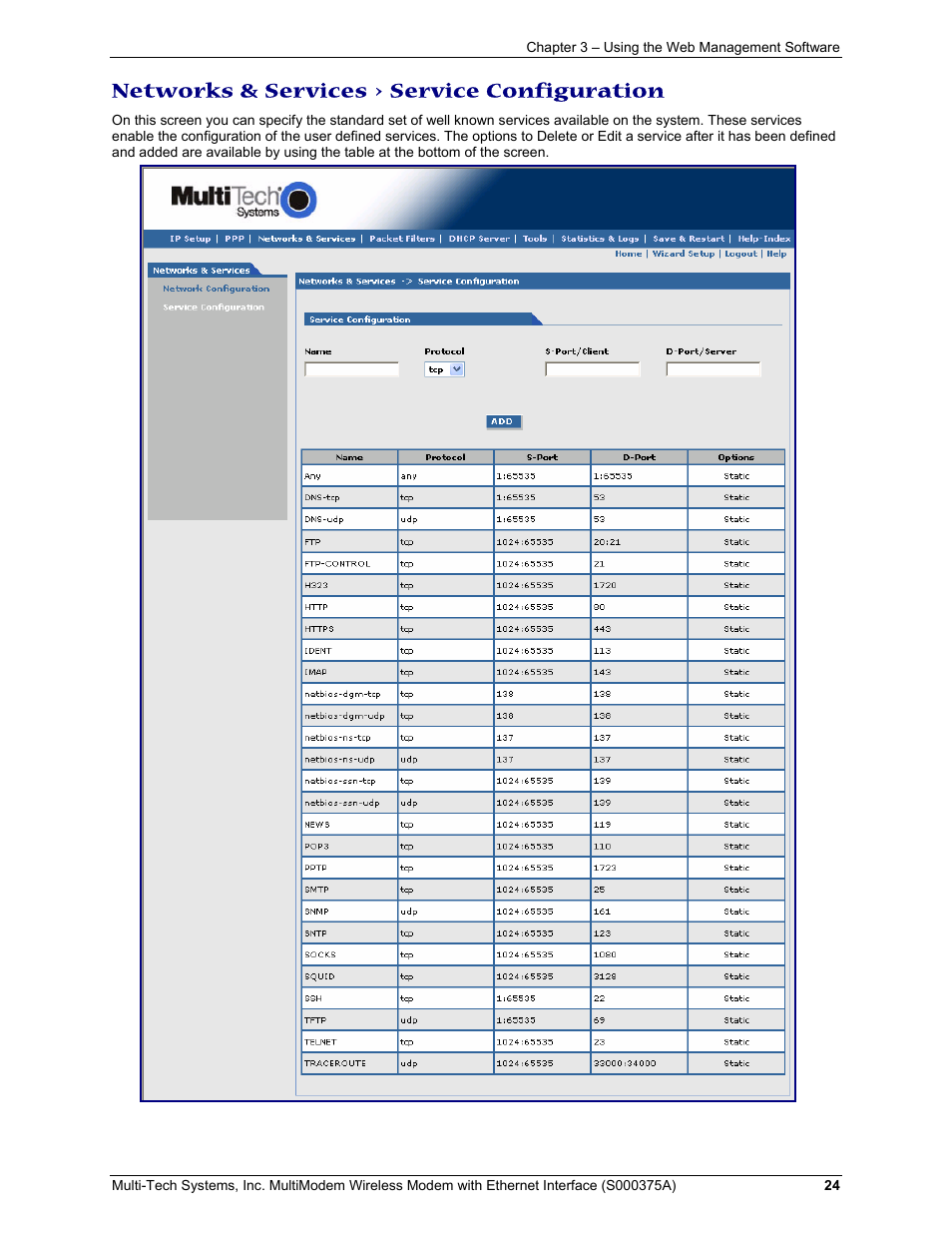 Networks & services > service configuration | Multi-Tech Systems MultiModem User Manual | Page 24 / 42