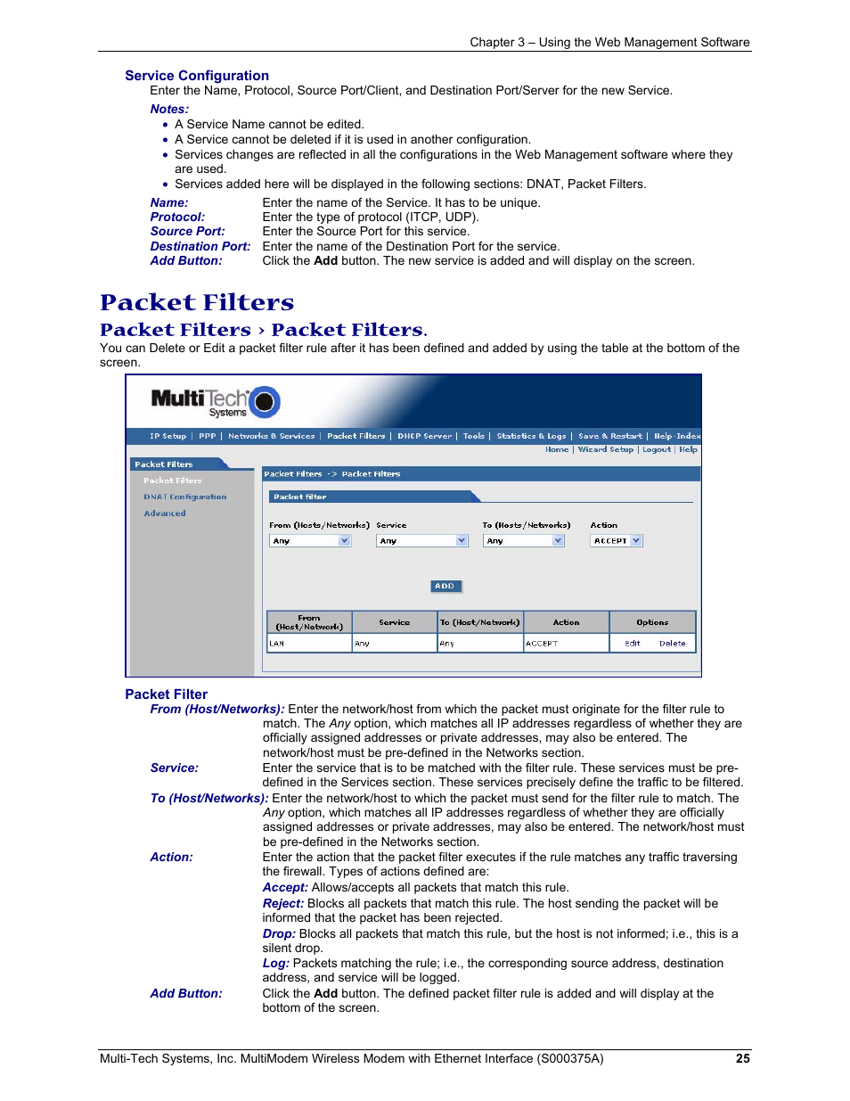 Packet filters, Packet filters > packet filters | Multi-Tech Systems MultiModem User Manual | Page 25 / 42