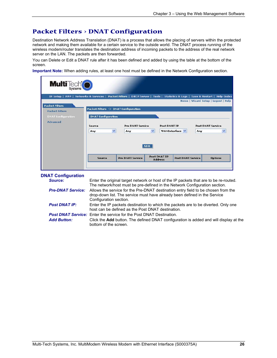 Packet filters > dnat configuration | Multi-Tech Systems MultiModem User Manual | Page 26 / 42