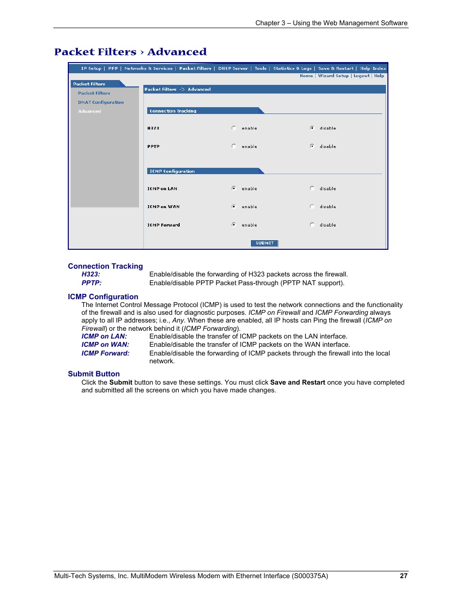Packet filters > advanced | Multi-Tech Systems MultiModem User Manual | Page 27 / 42