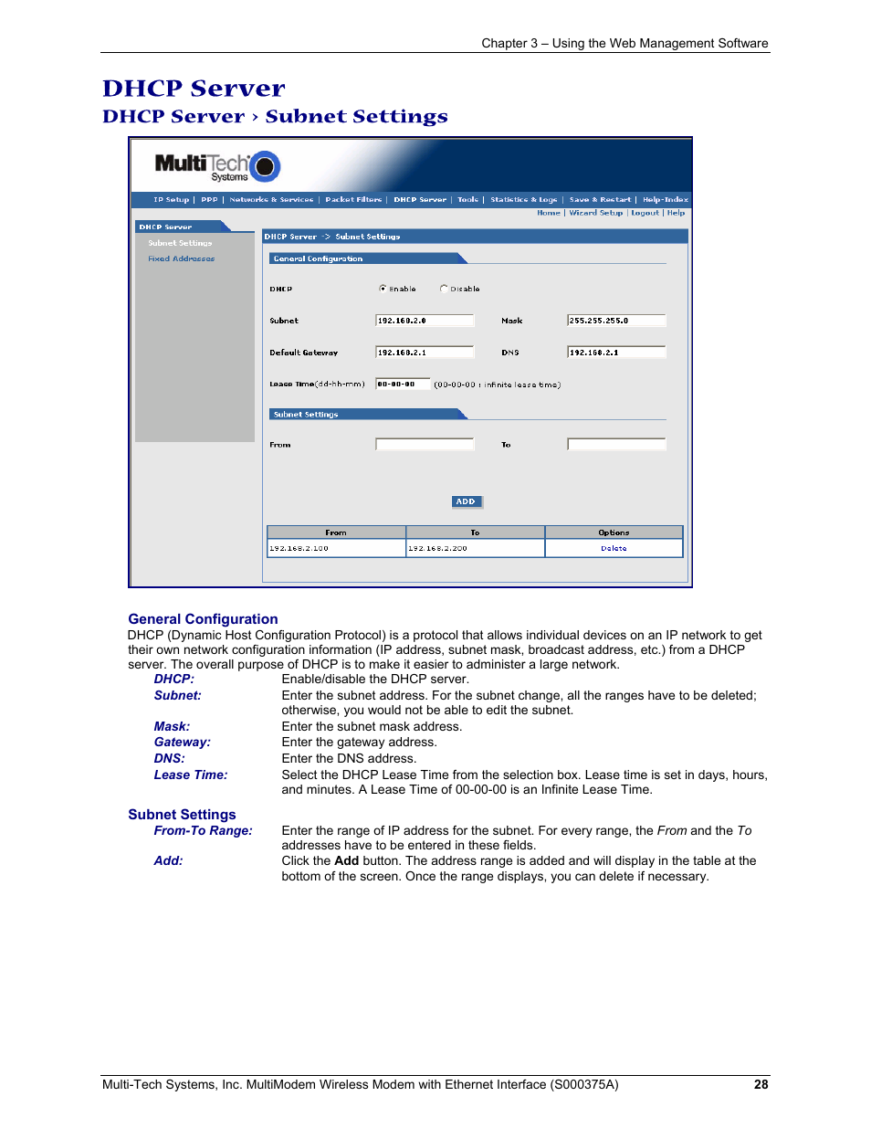 Dhcp server, Dhcp server > subnet settings | Multi-Tech Systems MultiModem User Manual | Page 28 / 42