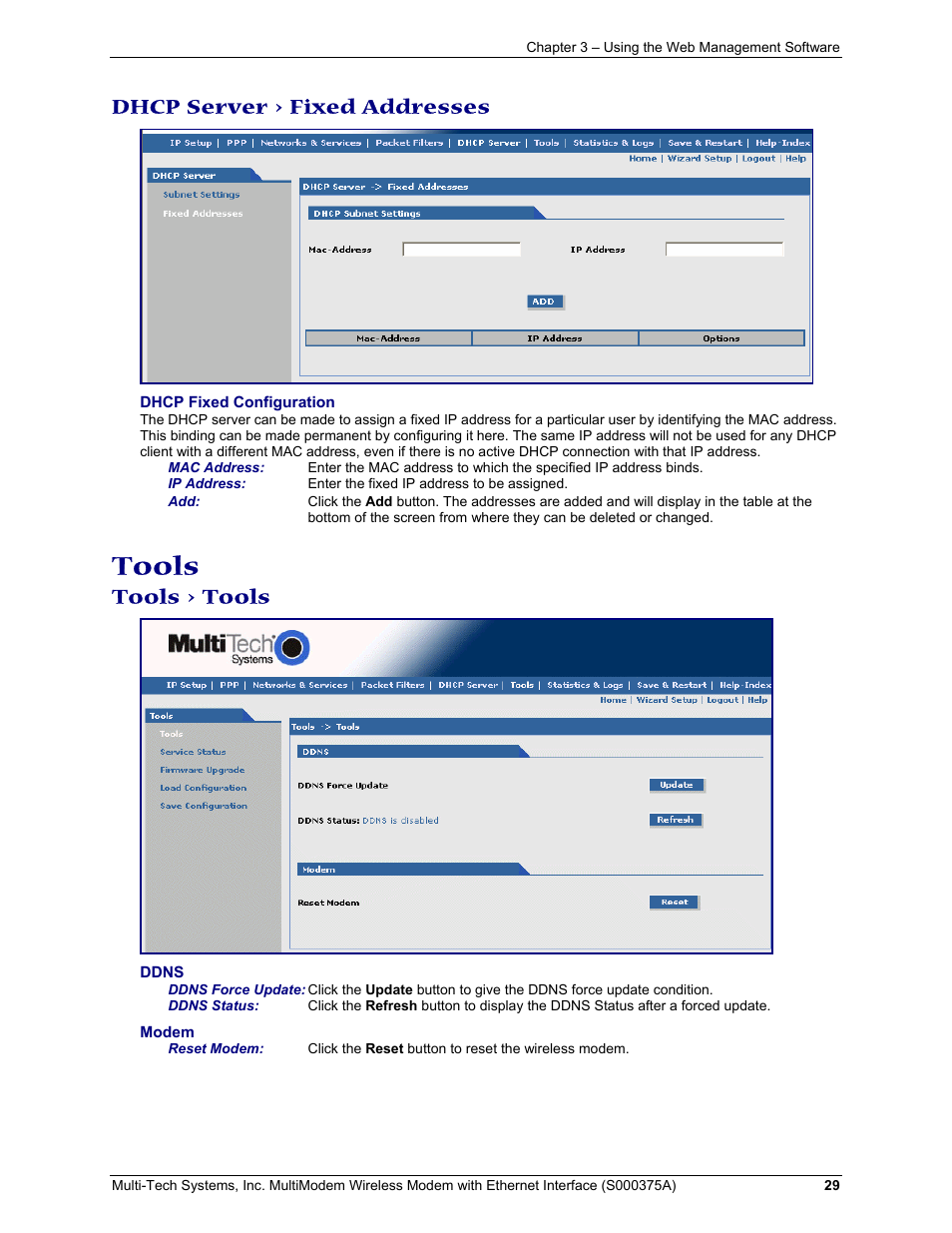 Tools, Dhcp server > fixed addresses, Tools > tools | Multi-Tech Systems MultiModem User Manual | Page 29 / 42