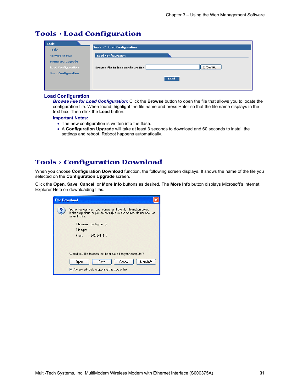 Tools > load configuration, Tools > configuration download | Multi-Tech Systems MultiModem User Manual | Page 31 / 42