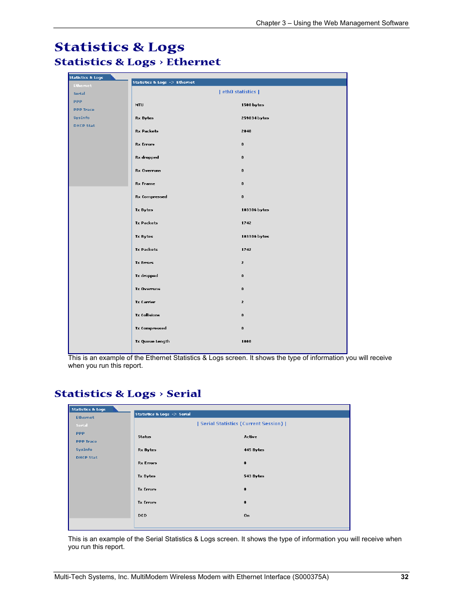 Statistics & logs, Statistics & logs > ethernet, Statistics & logs > serial | Multi-Tech Systems MultiModem User Manual | Page 32 / 42