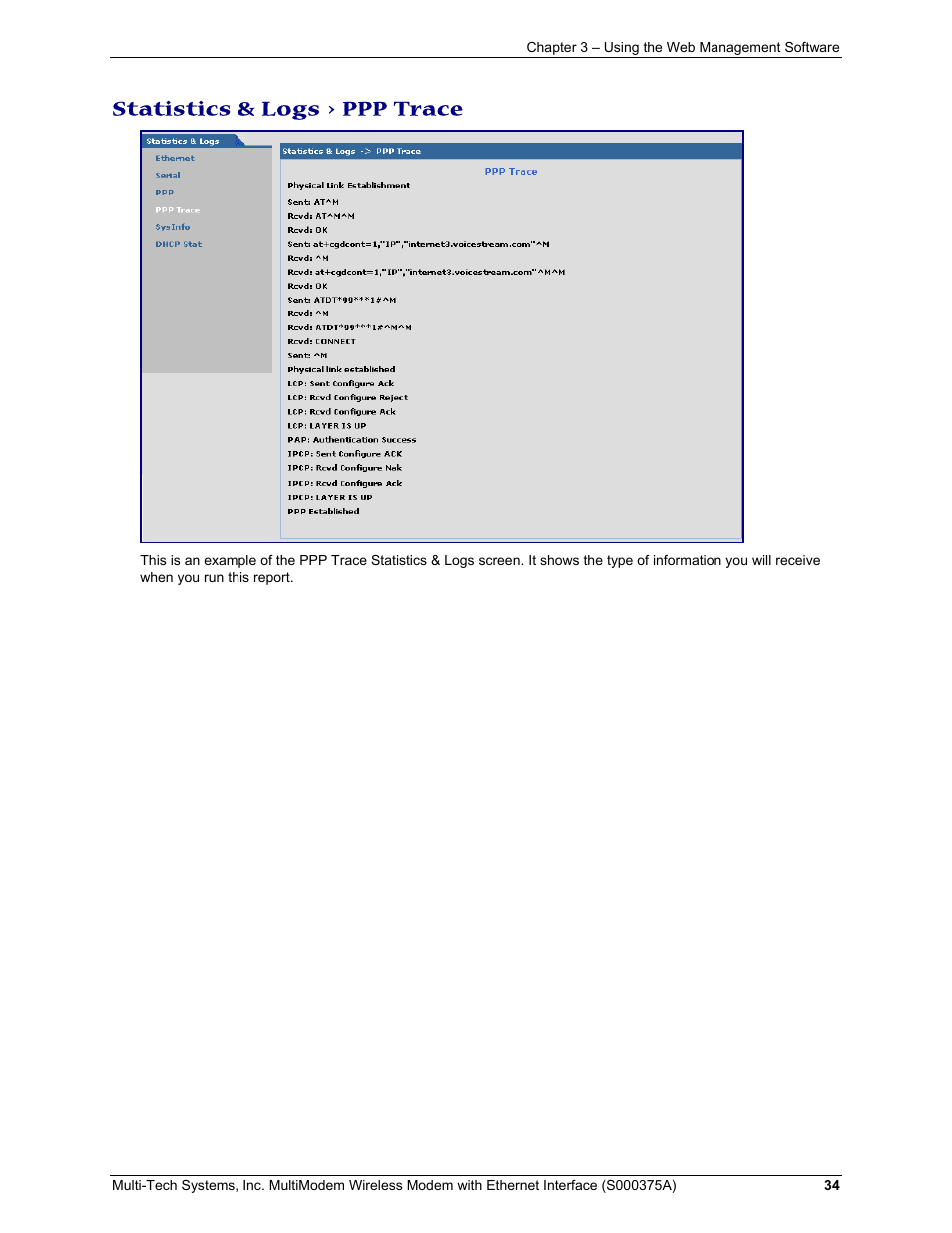 Statistics & logs > ppp trace | Multi-Tech Systems MultiModem User Manual | Page 34 / 42