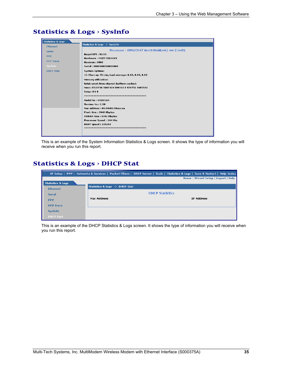 Statistics & logs > sysinfo, Statistics & logs > dhcp stat | Multi-Tech Systems MultiModem User Manual | Page 35 / 42