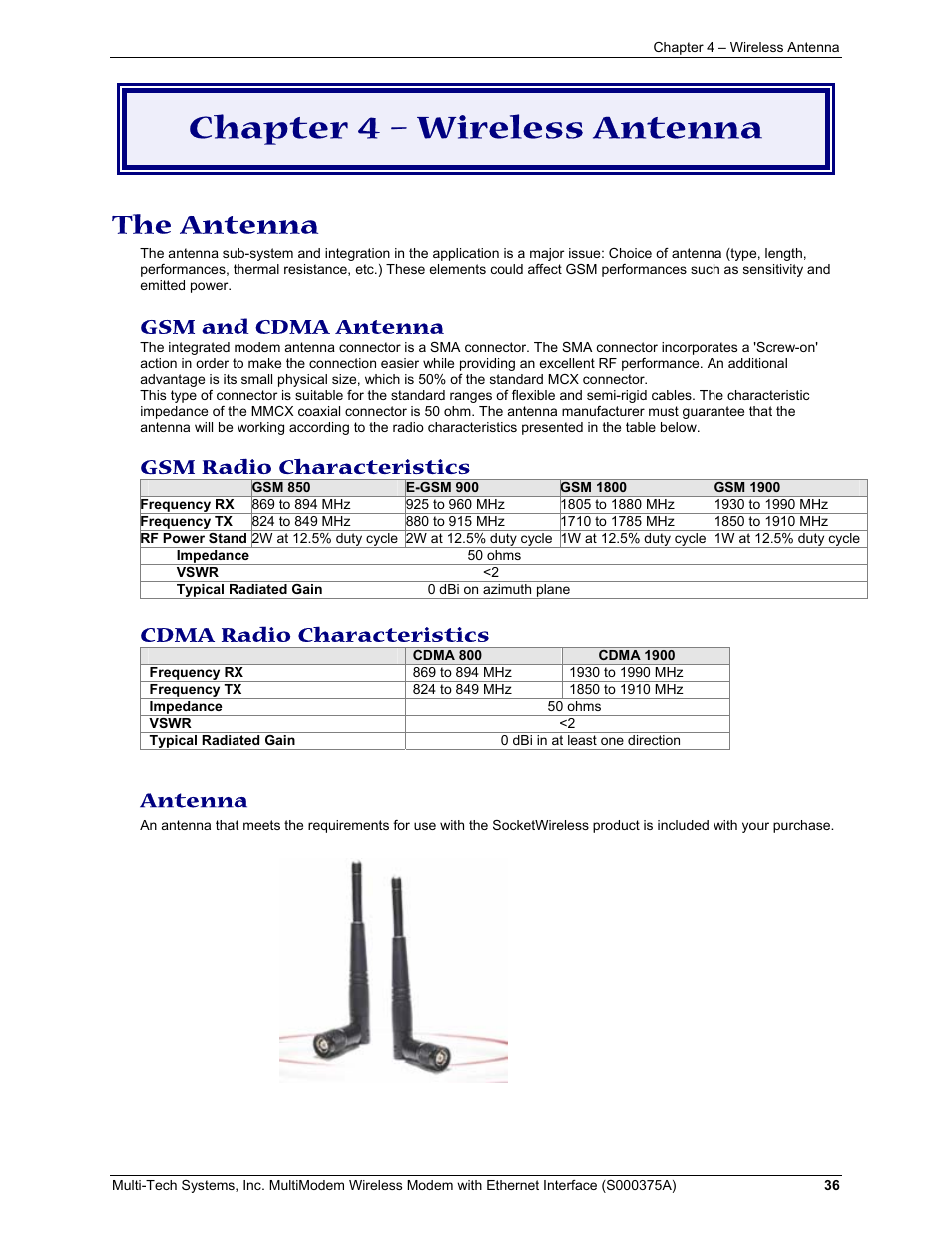 Chapter 4 – wireless antenna, The antenna, Gsm and cdma antenna | Gsm radio characteristics, Cdma radio characteristics, Antenna | Multi-Tech Systems MultiModem User Manual | Page 36 / 42