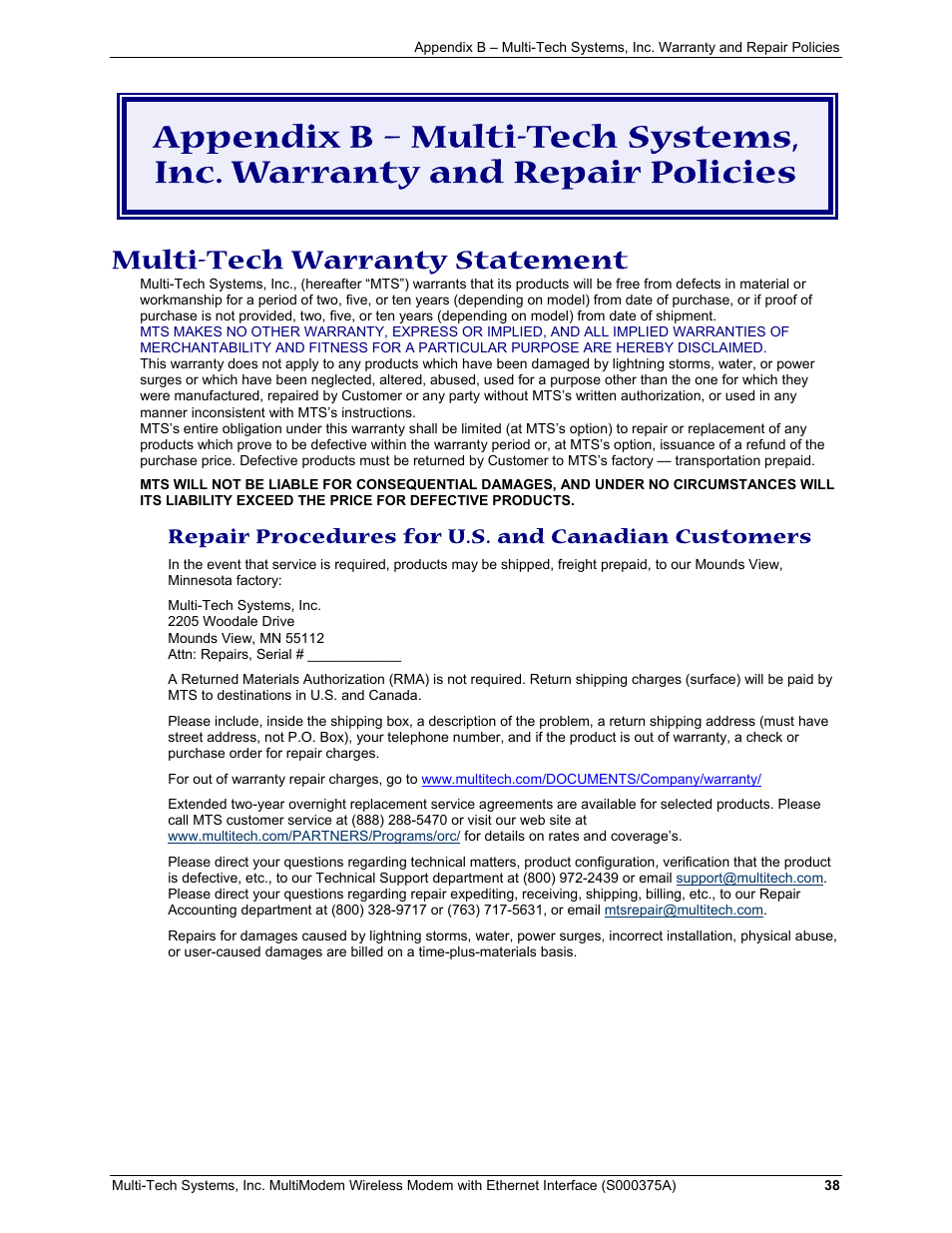 Multi-tech warranty statement, Repair procedures for u.s. and canadian customers | Multi-Tech Systems MultiModem User Manual | Page 38 / 42