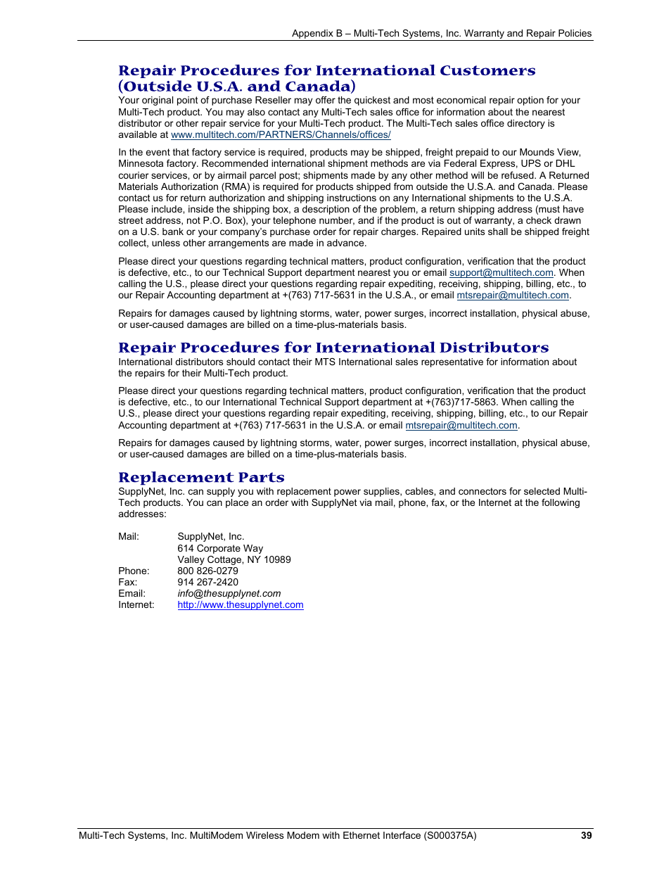 Repair procedures for international distributors, Replacement parts | Multi-Tech Systems MultiModem User Manual | Page 39 / 42