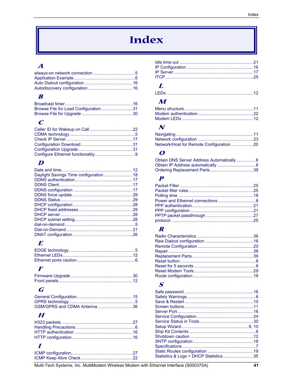 Index | Multi-Tech Systems MultiModem User Manual | Page 41 / 42